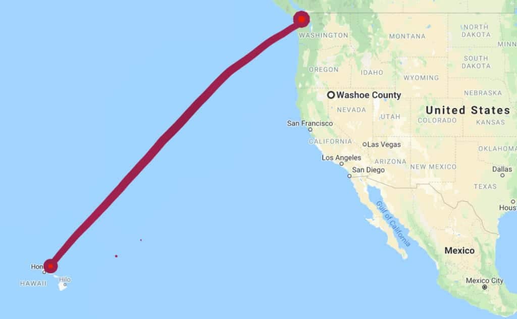 Map of how to fly from Hawaii to Seattle on Southwest Airlines for free