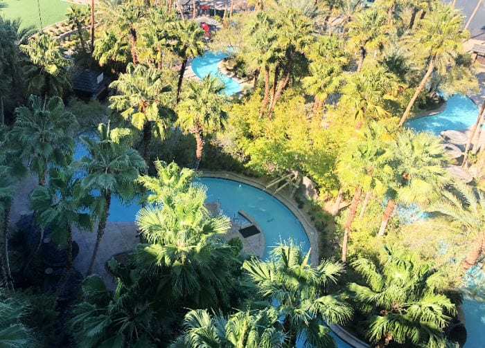 Tahiti Village Las Vegas has a lazy river and kid friendly easy entry pool that makes it one of the best family friendly hotels in Las Vegas.