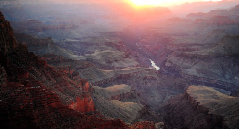 Sunset at the Grand Canyon from one of the viewing points at the South Rim