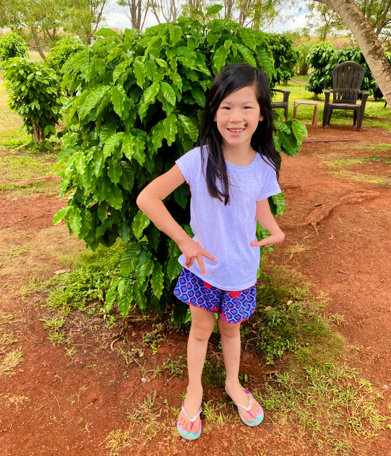 Girl standing in front of coffee plant at Greenwood Coffee Farm in Oahu