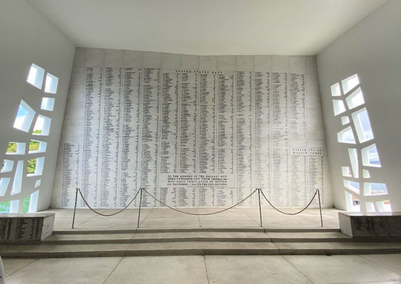The Arizona Memorial at Pearl Harbor includes a wall with names of all the died during the attack on Oahu.