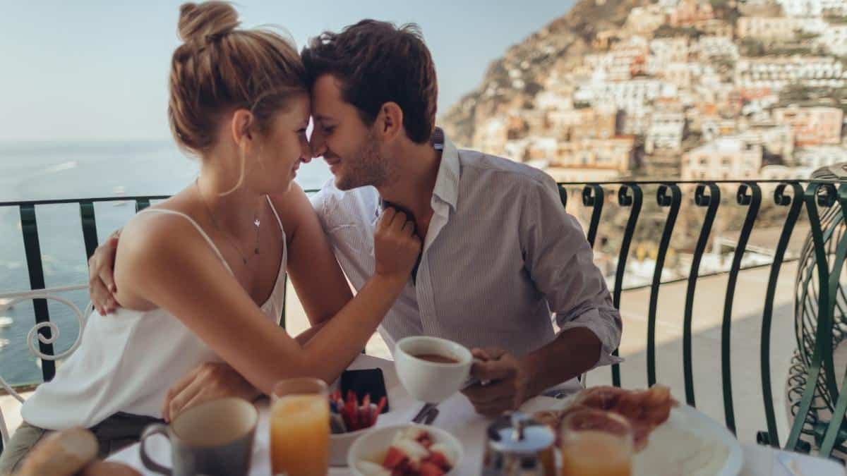 couple in love on balcony in greece