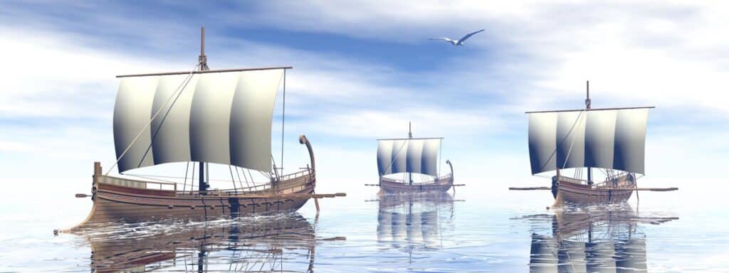 Three ancient greek boats floating on the ocean by day - 3D render