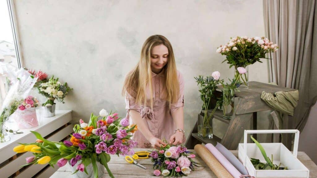 Florist in the workshop packs a bouquet. Decorator work with her creation. Woman in flower shop making floristry assemble