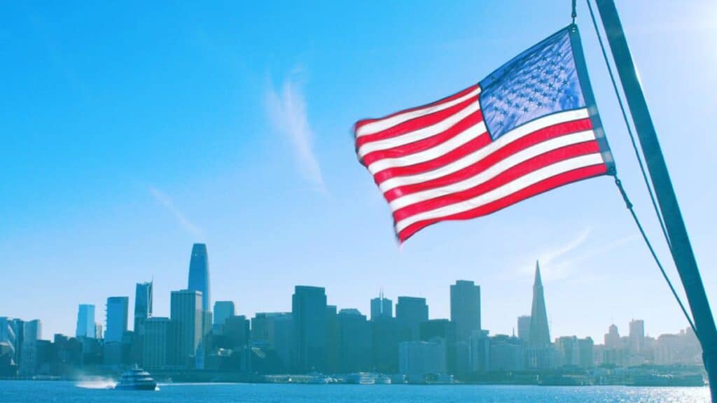 San Francisco skyline with American flag