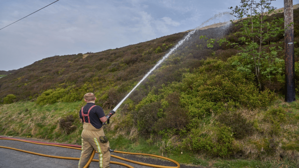 Firefighter wetting down vegetation