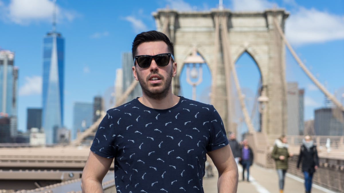 man at Brooklyn Bridge