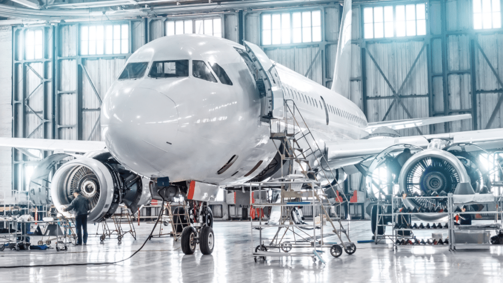 Passenger aircraft on maintenance of engine