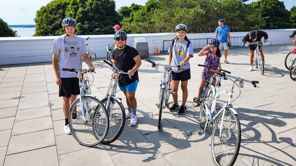 kids on bikes at Mission Point on Mackinac Island