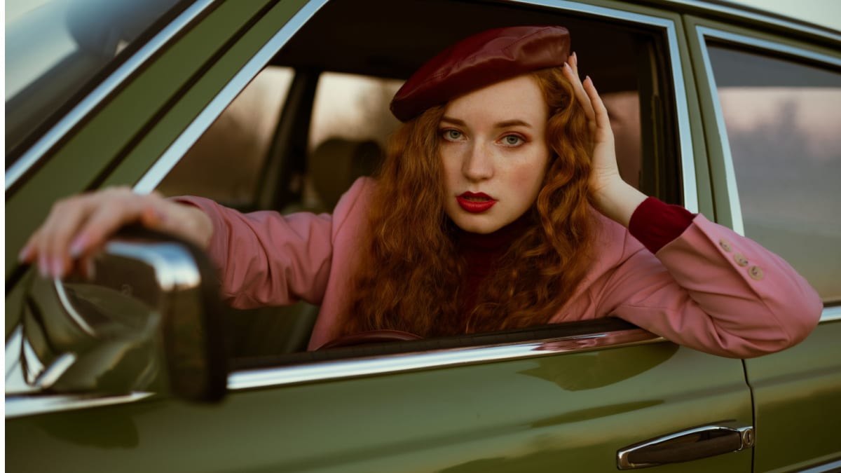 vintage woman in car