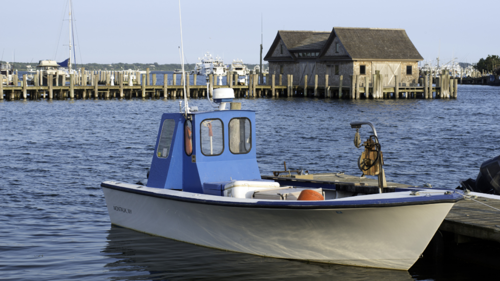 fishing boat in bay harbor marina Montauk New York USA