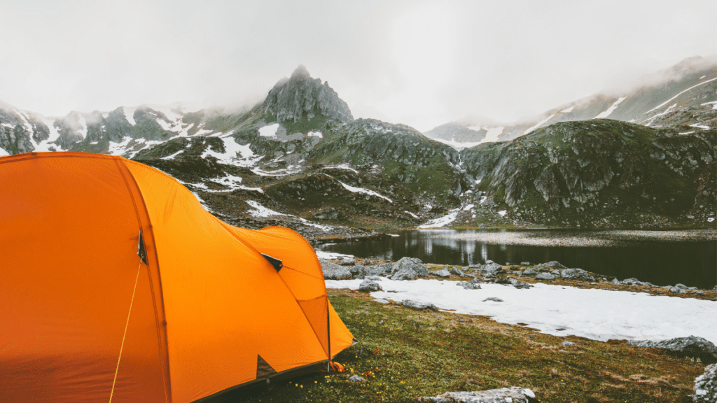 Tent camping in mountains