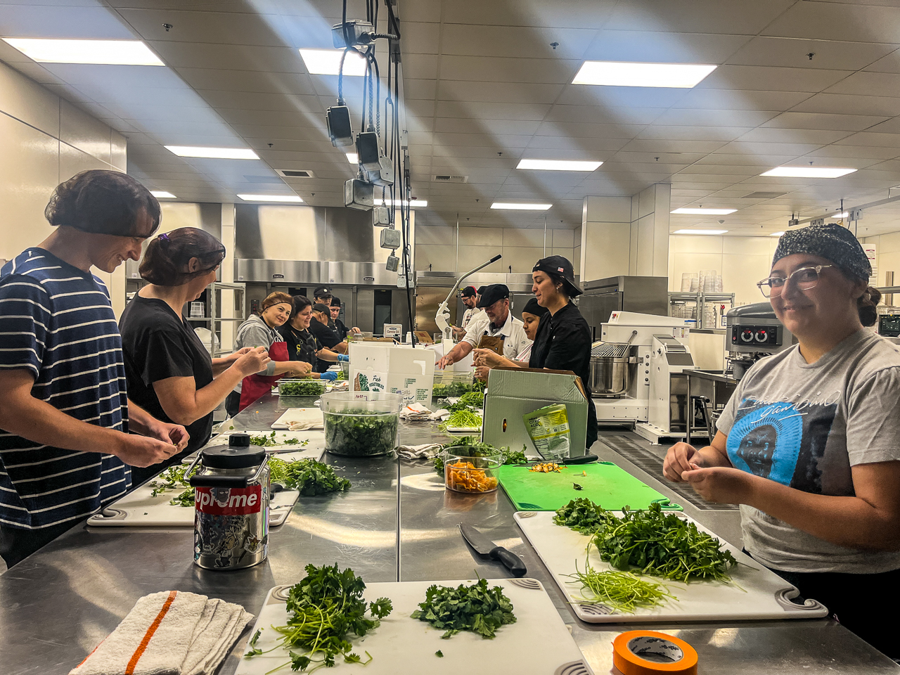 kitchen workers preparing food