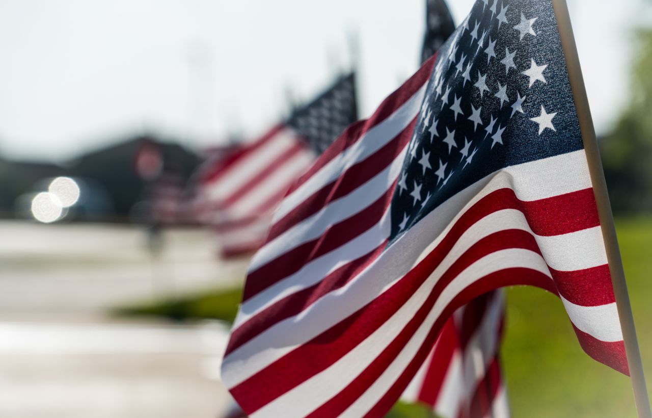 row of American flags show close up